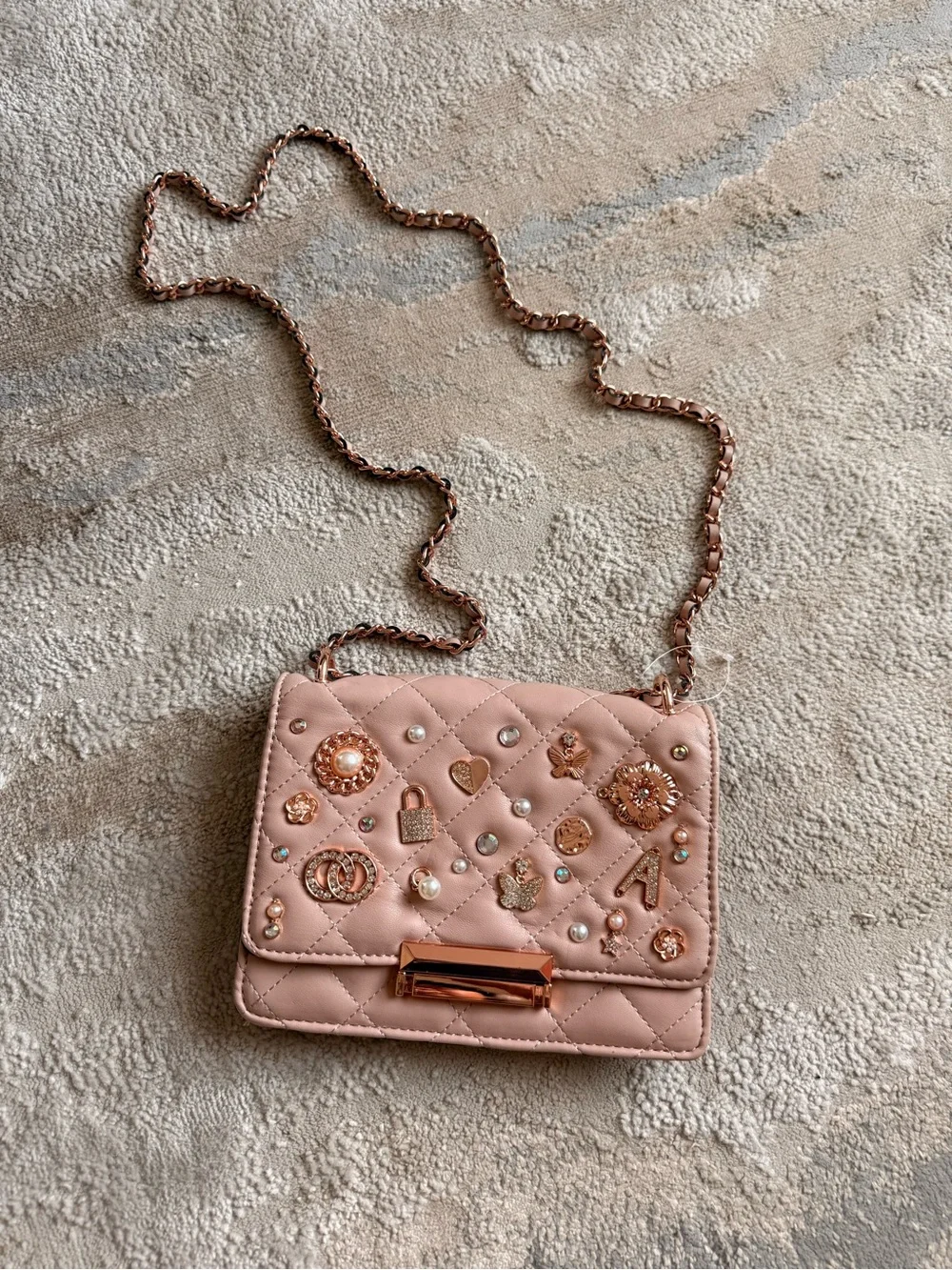Aldo Blush Pink Quilted Crossbody Bag with Rose Gold Charms